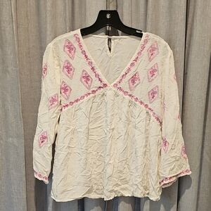 Luna Moon White with Pink/Purple Embroidered Flowy 3/4 Sleeve Blouse